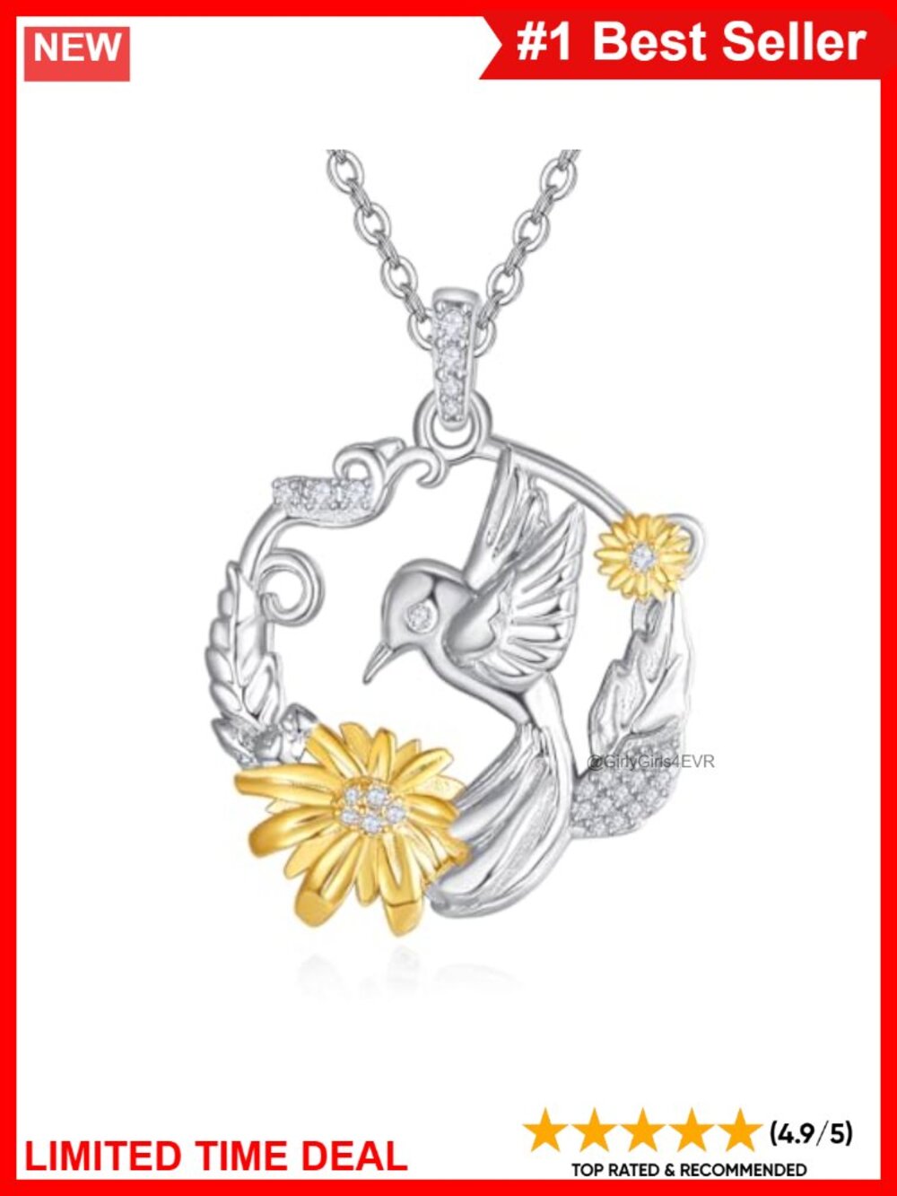 925 Sterling Silver Hummingbird Sunflower Pendant Necklace Adjustable
